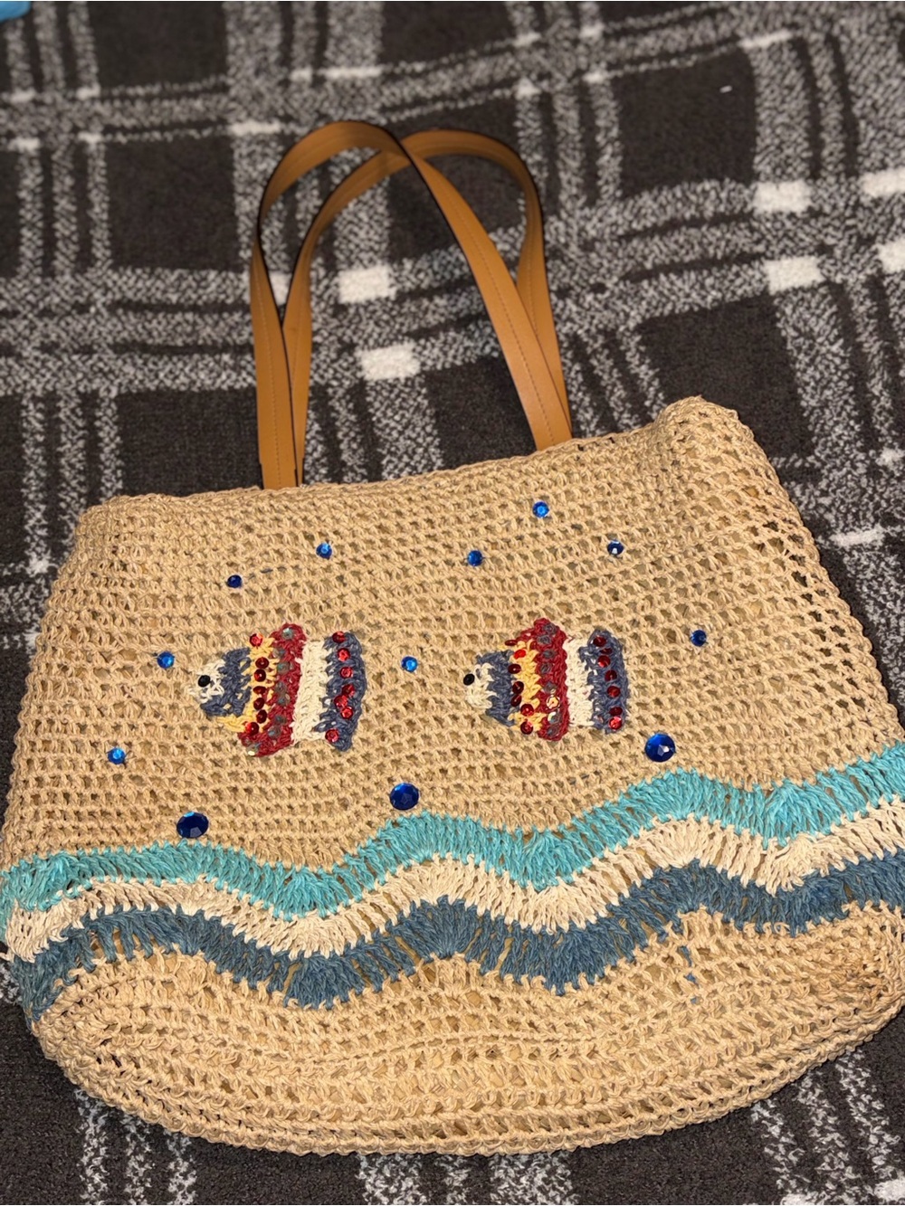 Woven Straw Beach Tote Bag with Fish Embroidery - Tan
